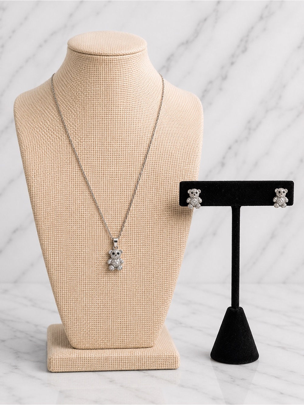 NWOT-18K White Gold Filled Teddy Bear Necklace & Earring Set|AAA CZ |16-18”
